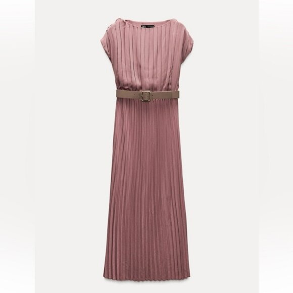 ZARA PLEATED DRESS WITH BELT - Picture 1 of 7